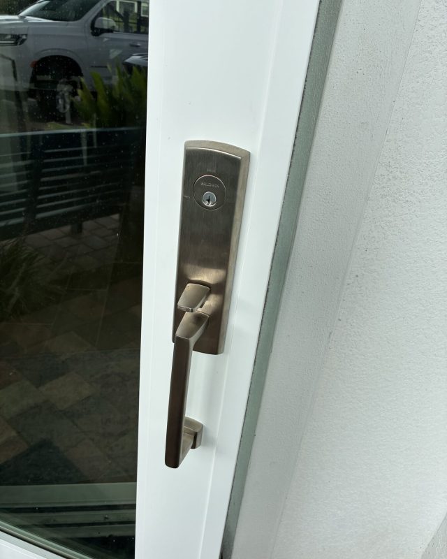 Commercial storefront glass door fitted with a new lock
